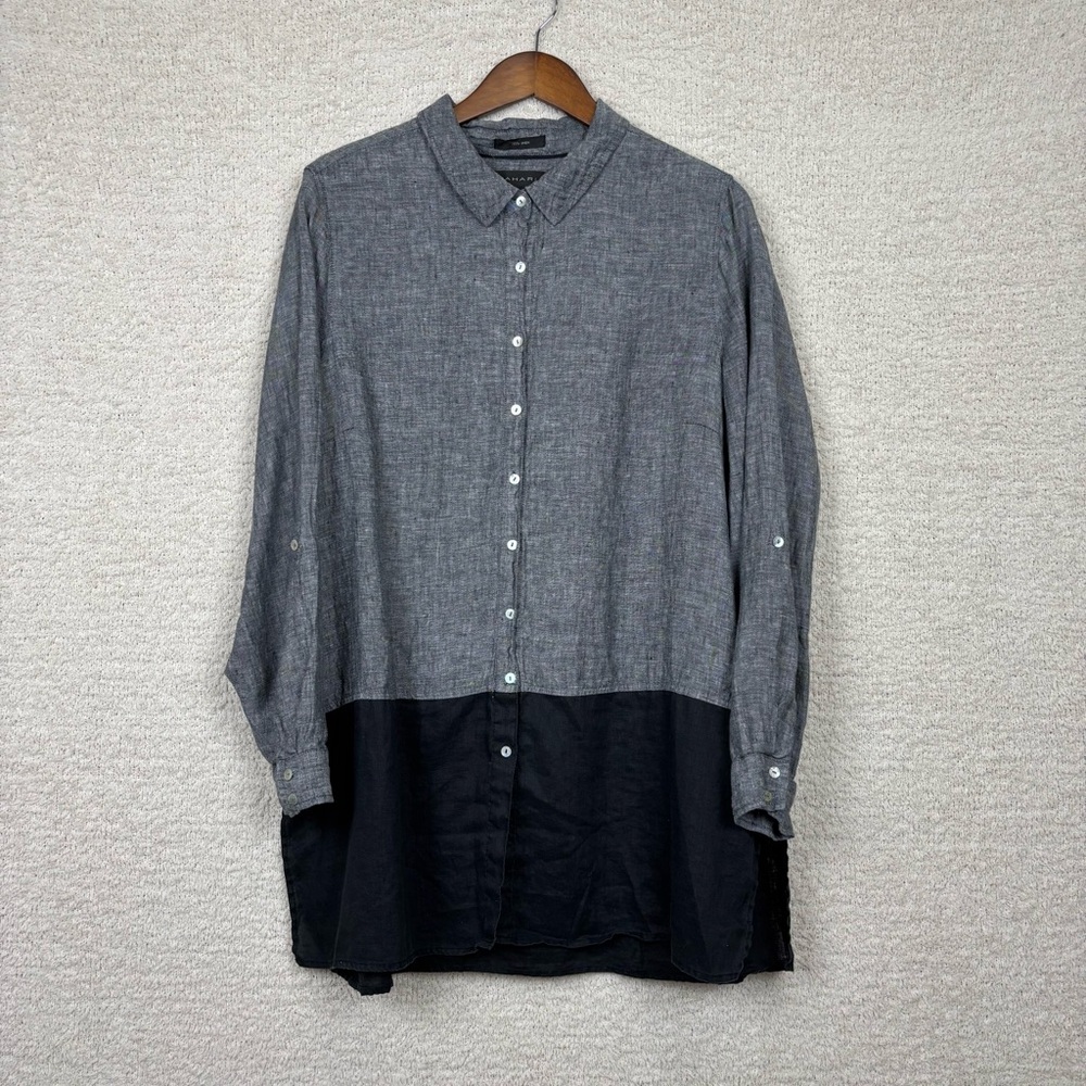 Tahari Top Womens 1X Black Gray Linen‎ Button Down Tunic Roll Tab Lightweight